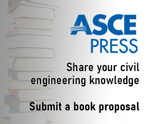 gray image with stack of books and blue ASCE PRESS logo with Share your civil engineering knowledge. Submit a book proposal in black text